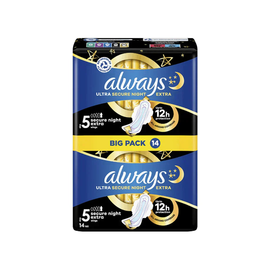 Always Ultra 14s night pads with wings for heavy overnight period protection