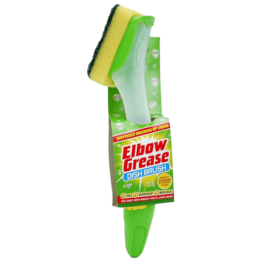 Elbow Grease dish brush with built-in scraper and multi-material bristles for washing dishes