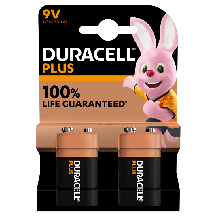 Duracell Plus 9V Alkaline Batteries, 2 Pack