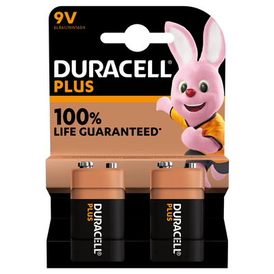 Duracell Plus 9V Alkaline Batteries, 2 Pack