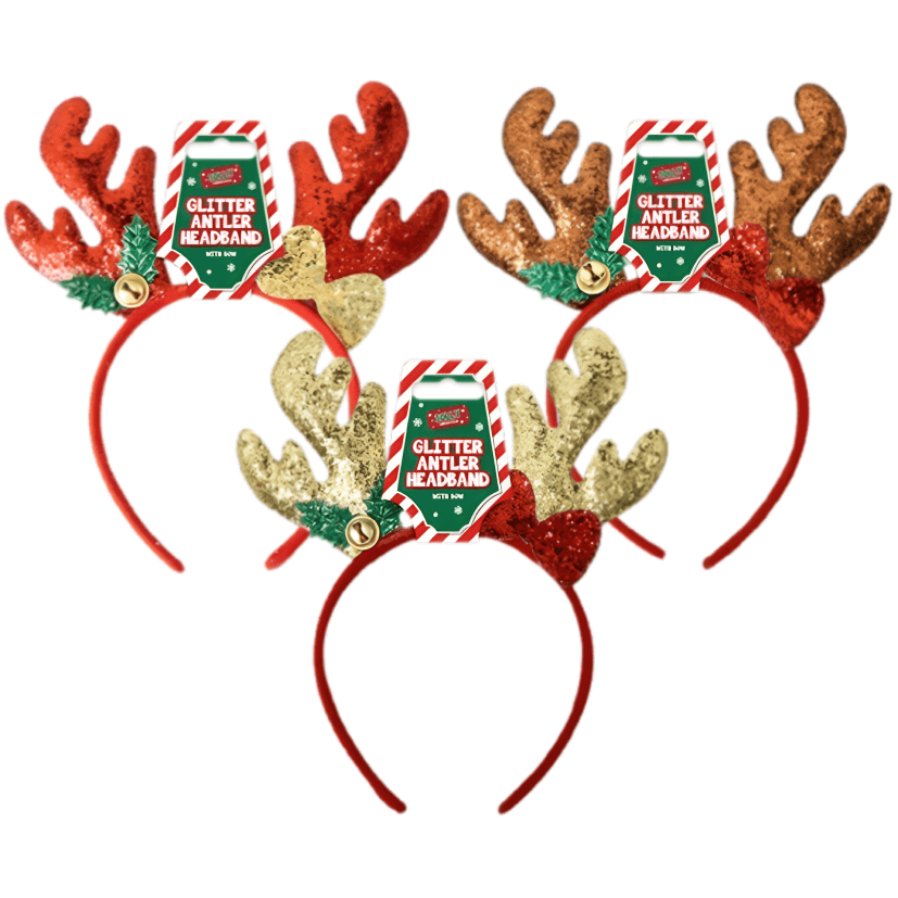 Jolly Glitter Reindeer Antler Headband With Bow, Colour Options