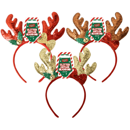 Jolly Glitter Reindeer Antler Headband With Bow, Colour Options