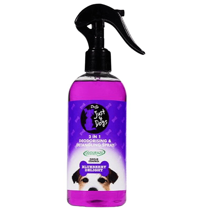 Just 4 Dogs 2-in-1 deodorising and detangling spray Blueberry Delight 300ml for fresh smelling dog coats